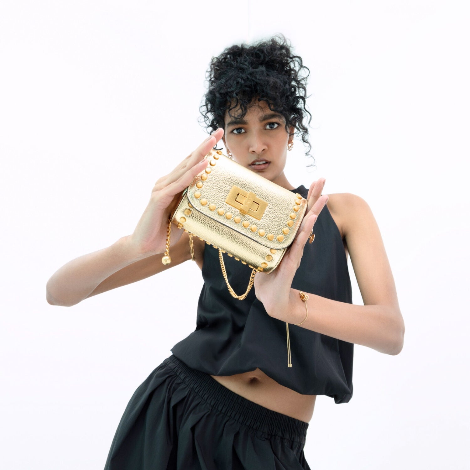 JENA Metallic Gold Mini Studded Crossbody Bag