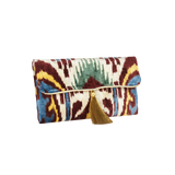 Velvet Silk Fold Over Clutch - Burgundy & Yellow