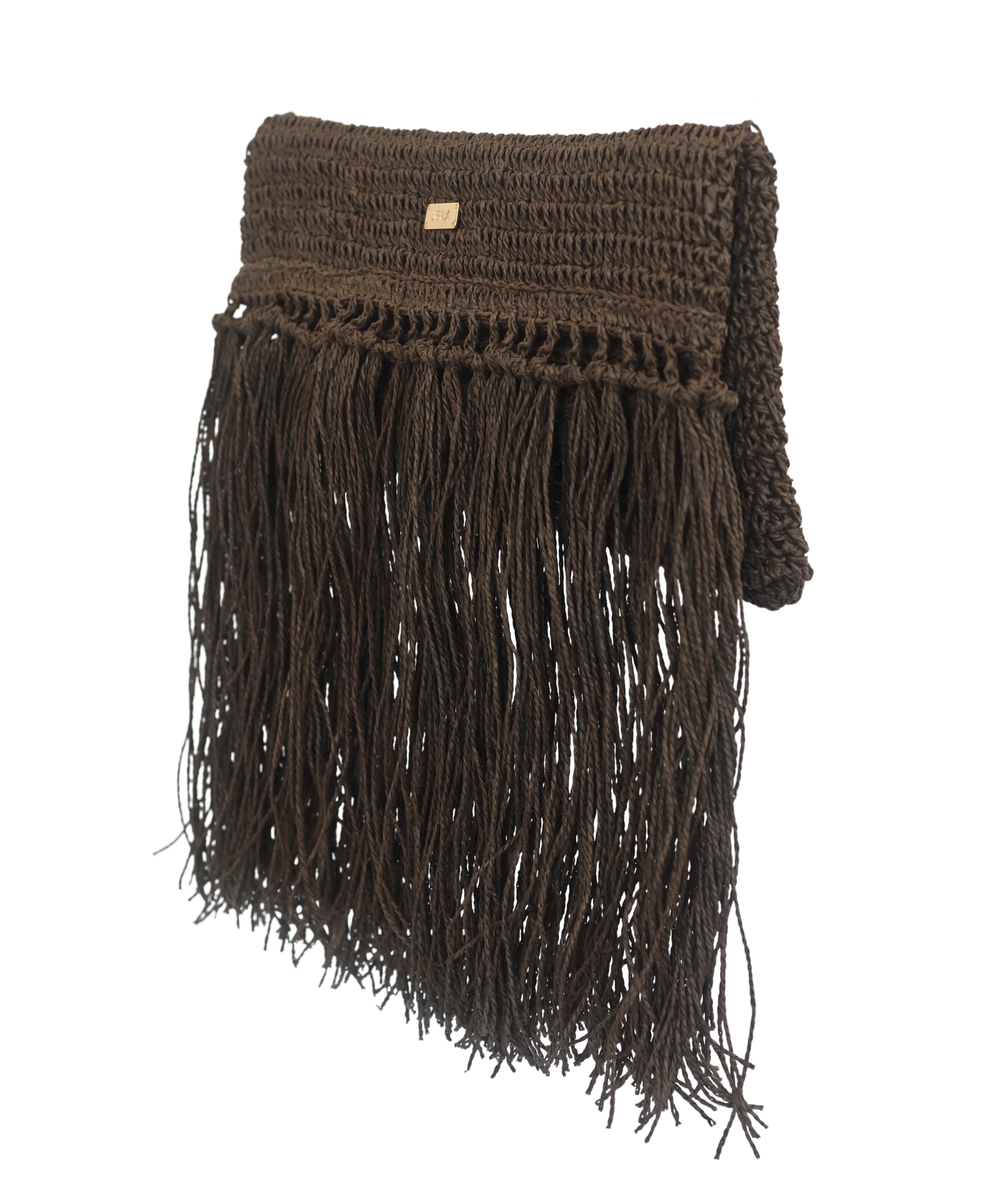 Raffia Foldover Clutch with Tassel - Coffee Brown