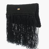 Raffia Foldover Clutch with Tassel - Black