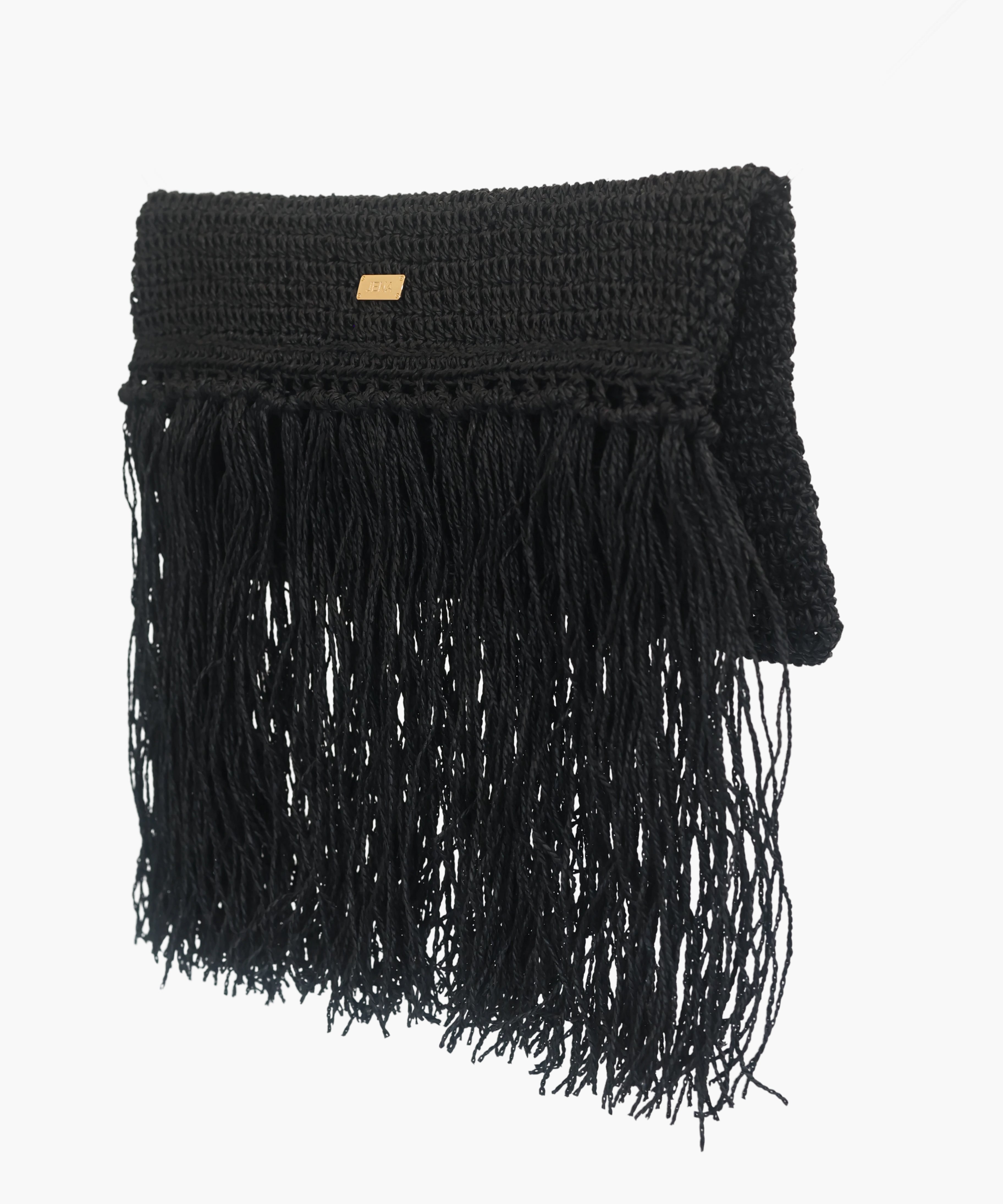 Raffia Foldover Clutch with Tassel - Black