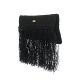 Raffia Foldover Clutch with Tassel - Black