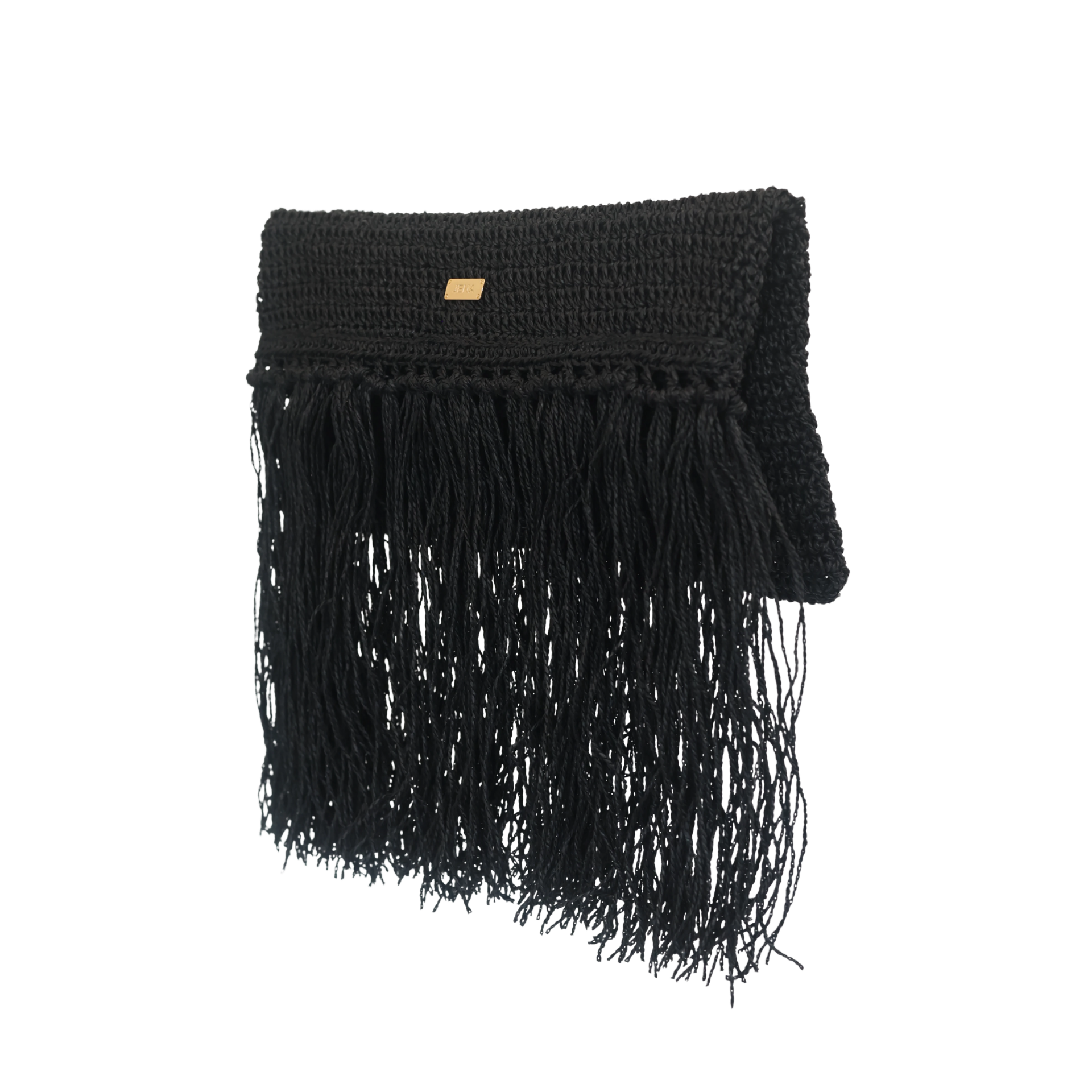 Raffia Foldover Clutch with Tassel - Black