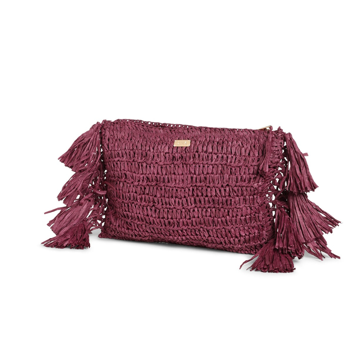 Raffia Clutch with Side Tassels - Purple