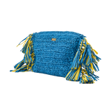 Raffia Clutch with Side Tassels - Electric Blue & Yellow