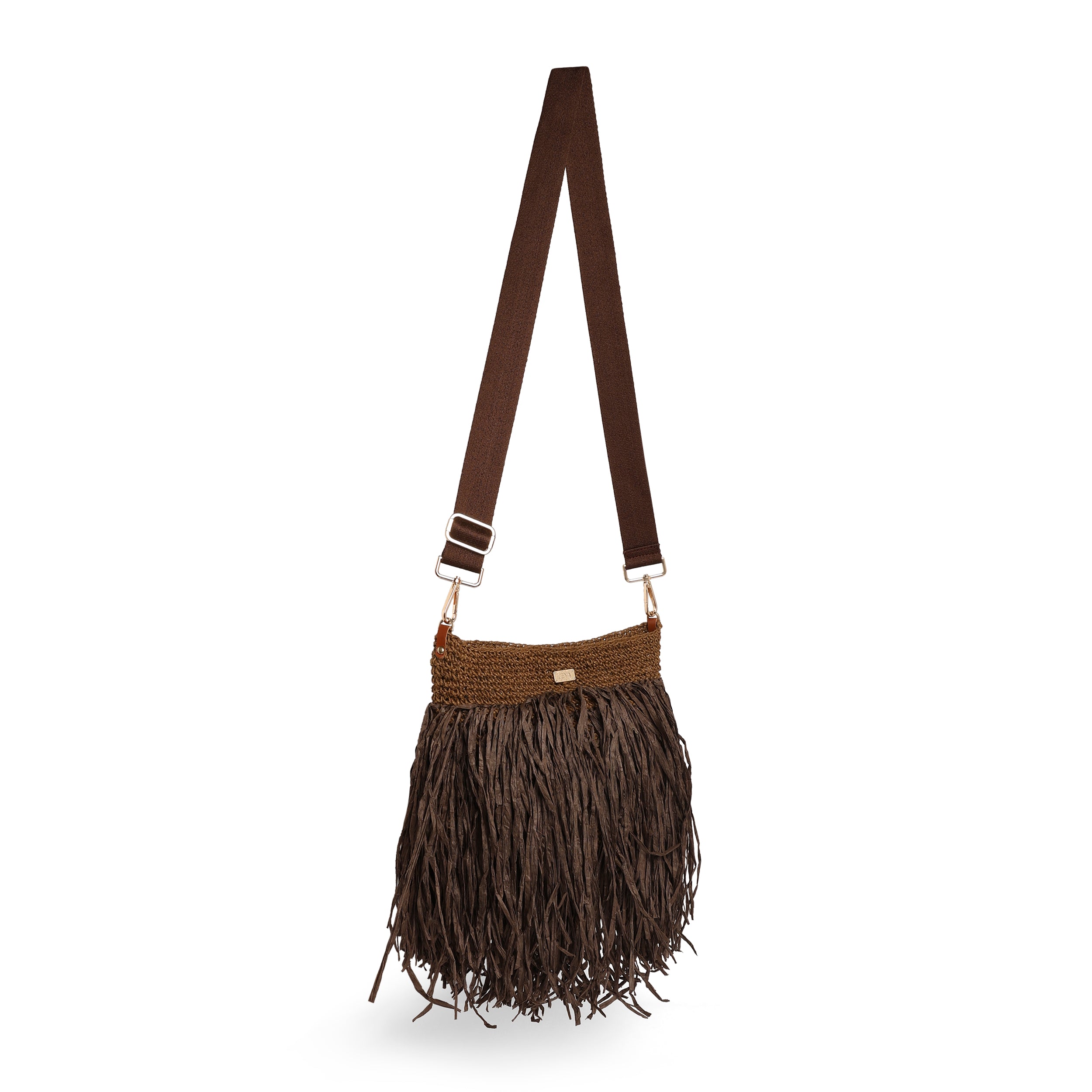 Raffia Fringed Bucket - Coffee brown