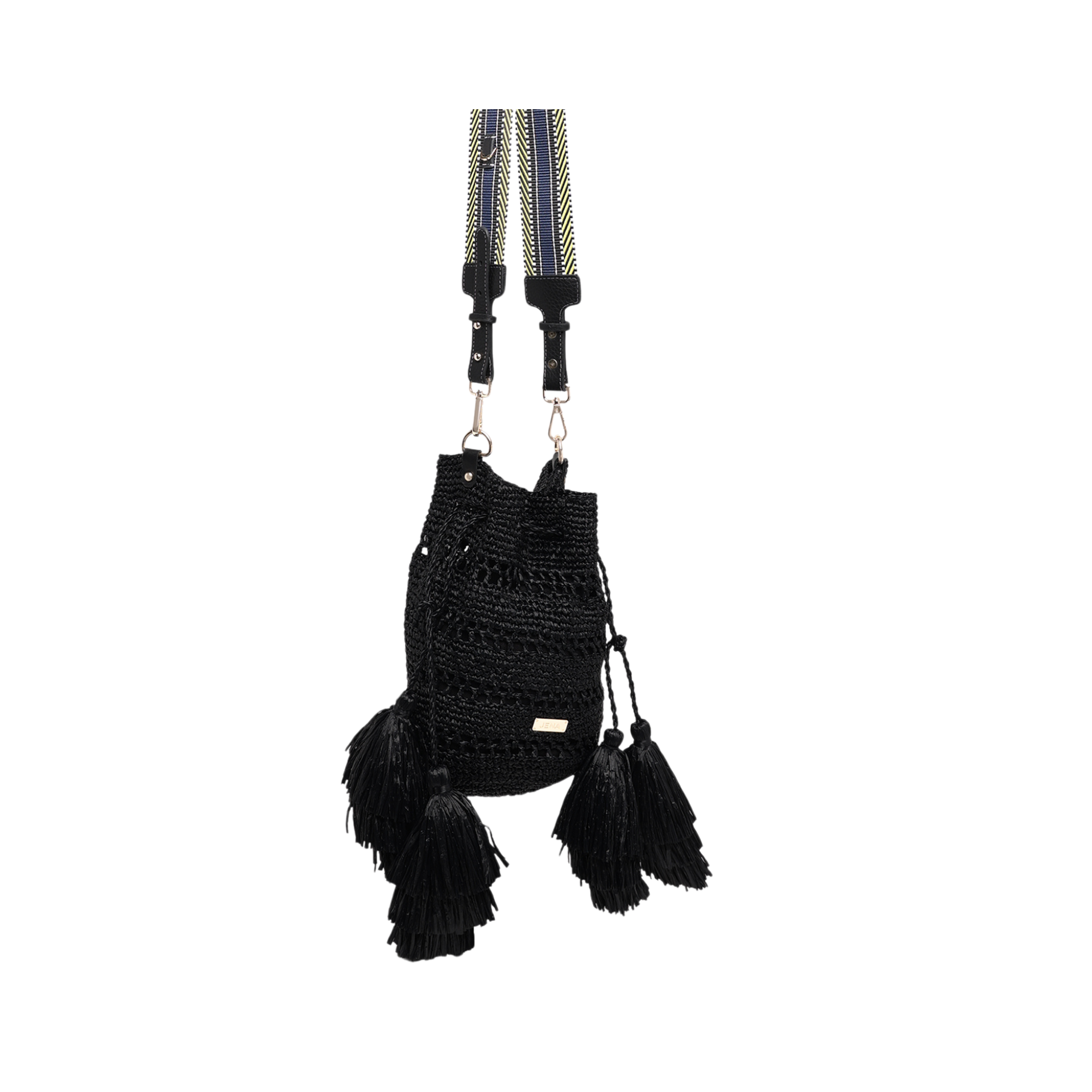 Raffia Bucket with Tassels - Black