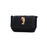 Raffia Crossbody with gold seahorse - Black