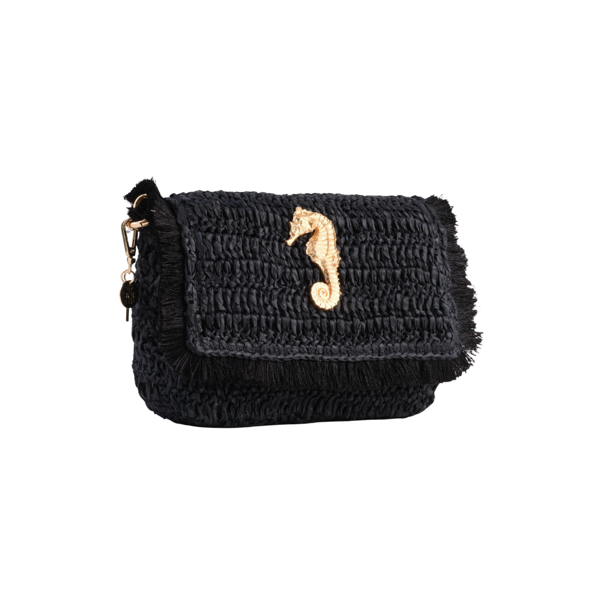 Raffia Crossbody with gold seahorse - Black