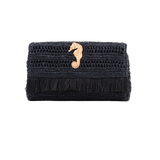Raffia Clutch with gold sea horse - Black