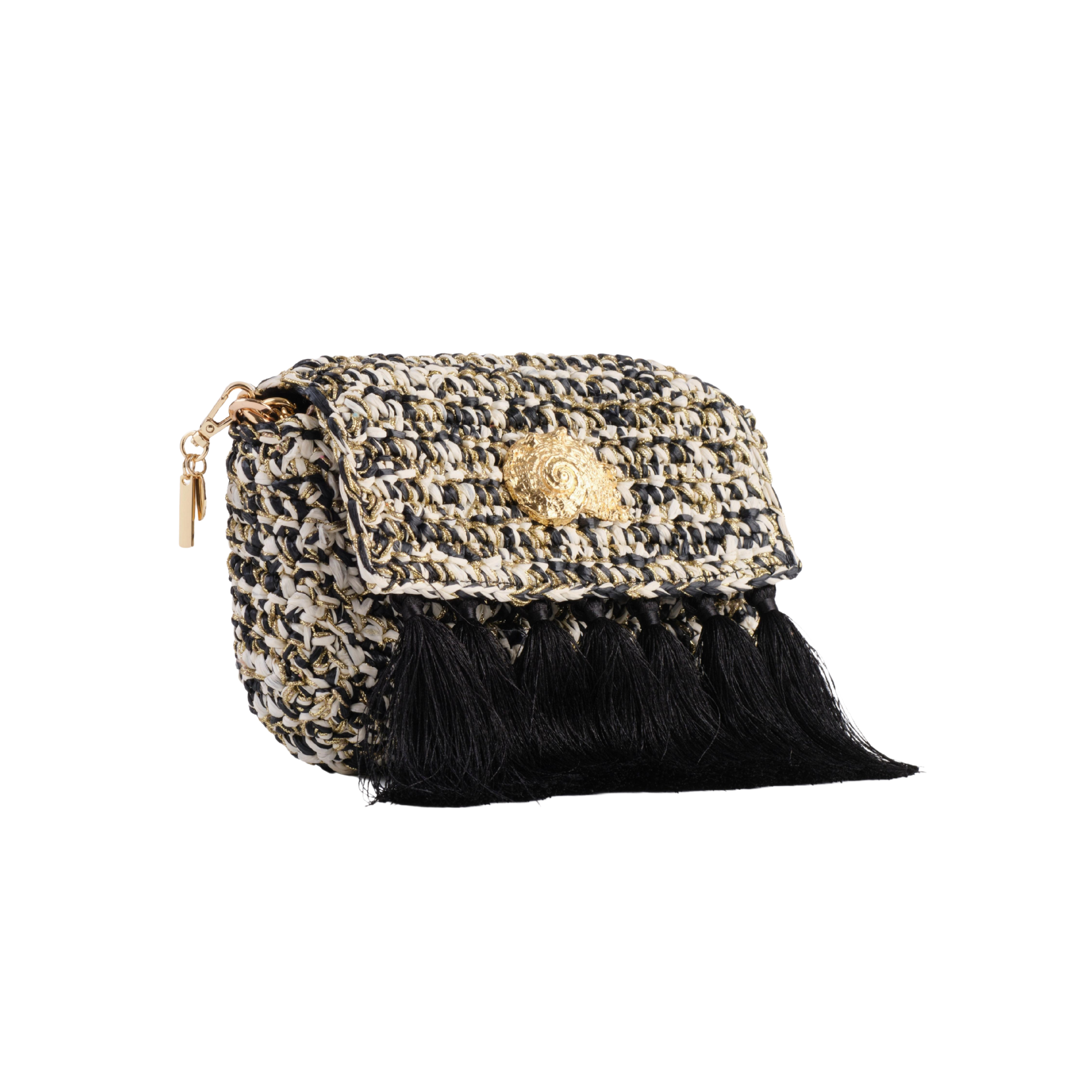 3 Weave Raffia Crossbody - Black & Gold