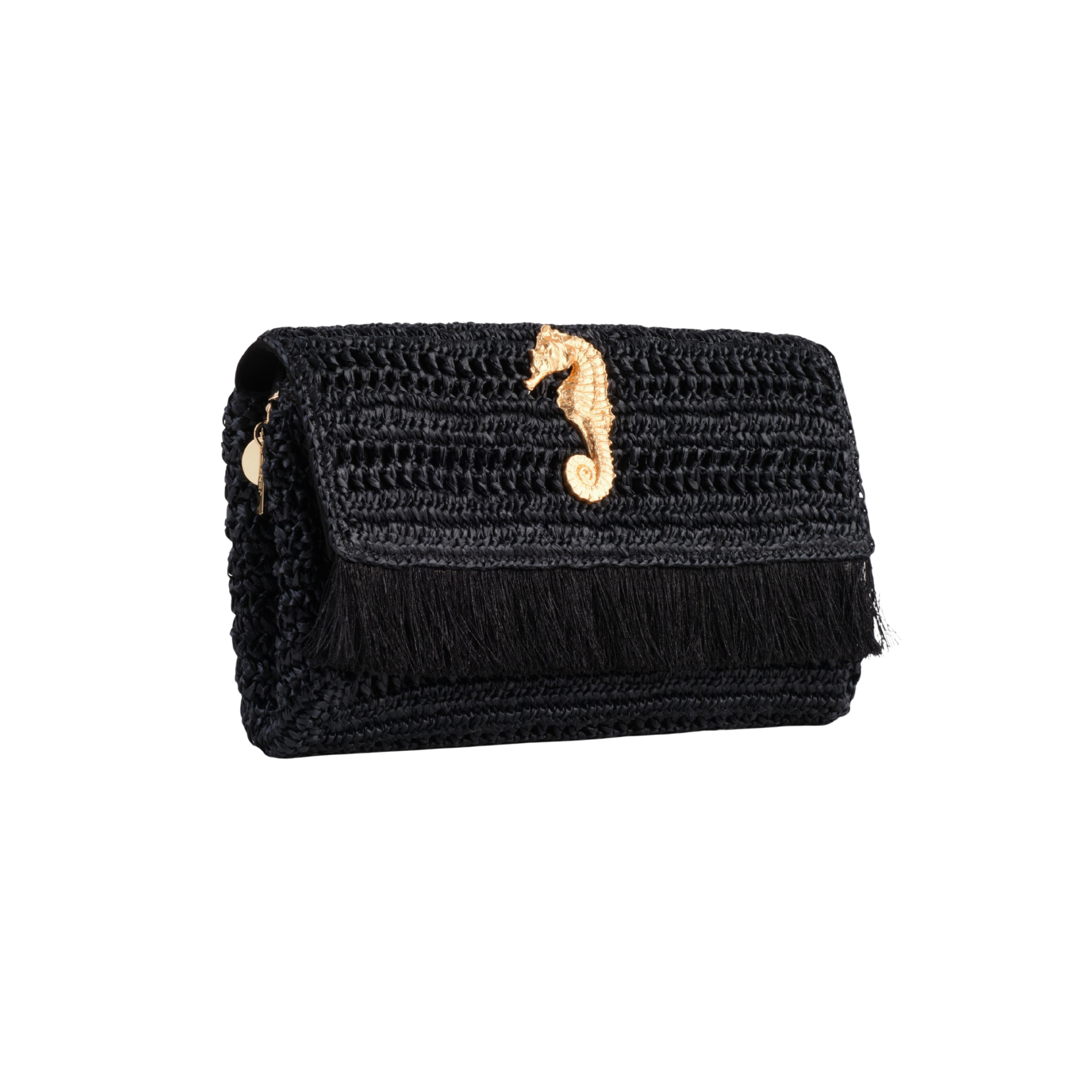 Raffia Clutch with gold sea horse - Black