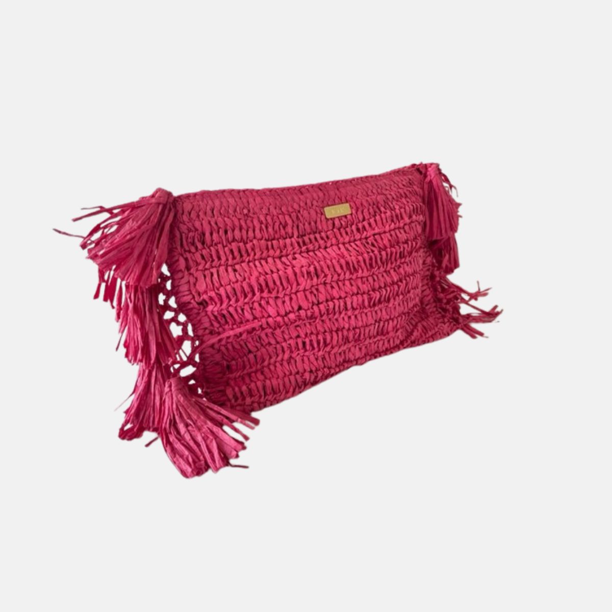Raffia Clutch with Side Tassels - Hot Pink