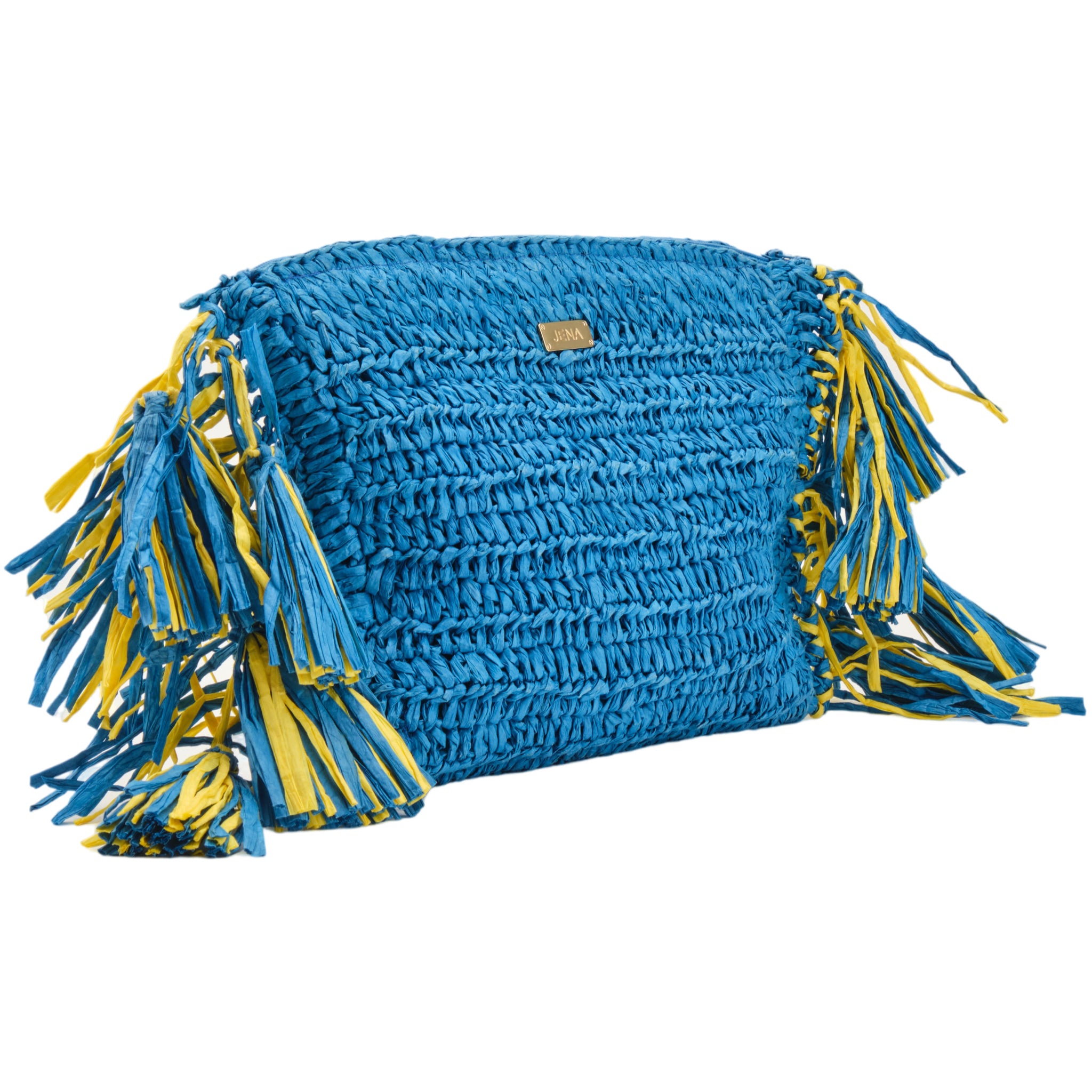 Electric Blue Yellow Raffia Clutch with Tassels